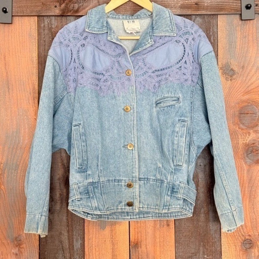 Together! Vintage 90s Light Wash Denim Jacket Lace Embroidery Small 92-2549
